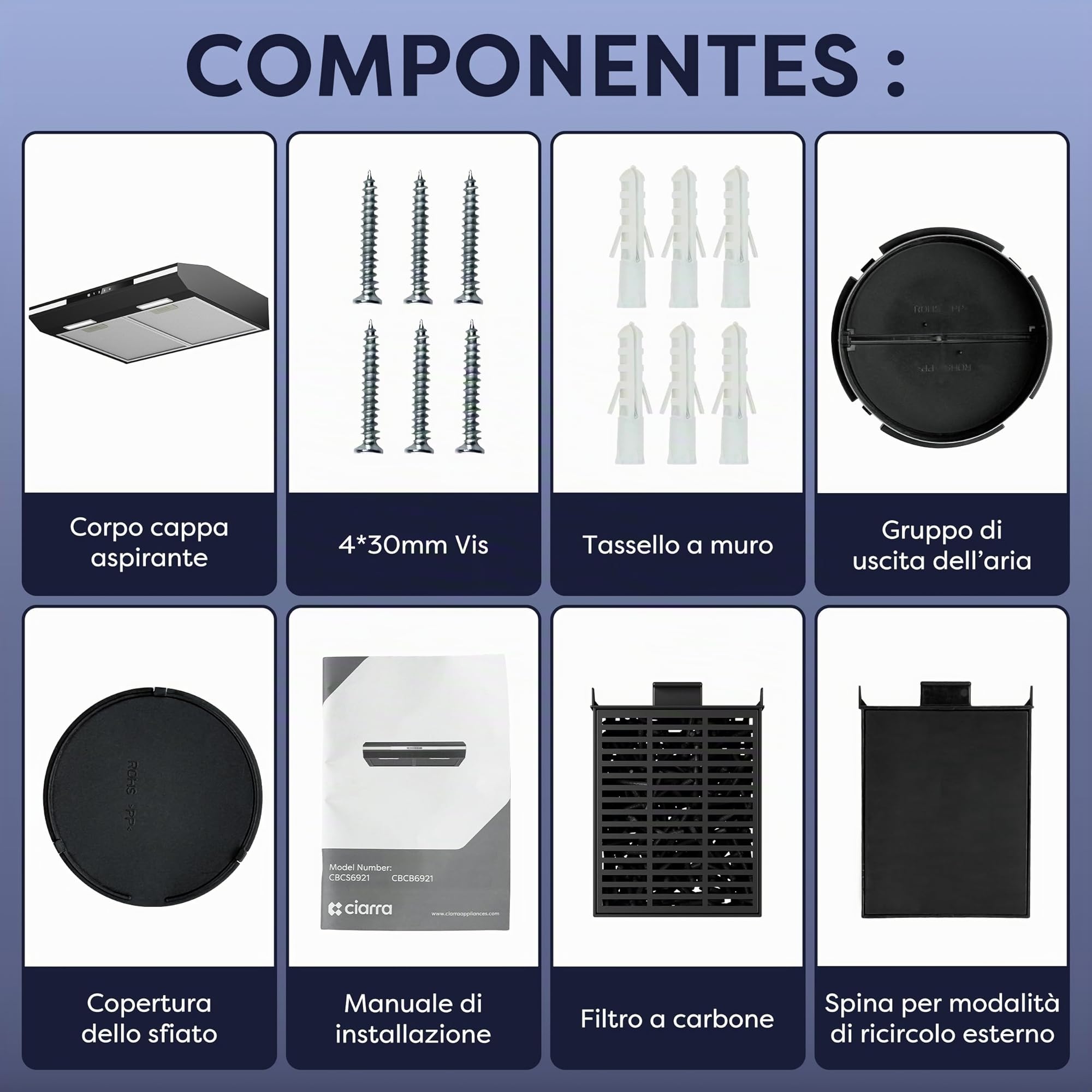 CIARRA CBCB6921 Campana Extractora 60 cm Clase A+ Luz Ambiental Adicional | Pantalla táctil Cocina Extractora Integrada 3 Niveles 300m³/h con Filtro de Carbón CBCF011 Negra