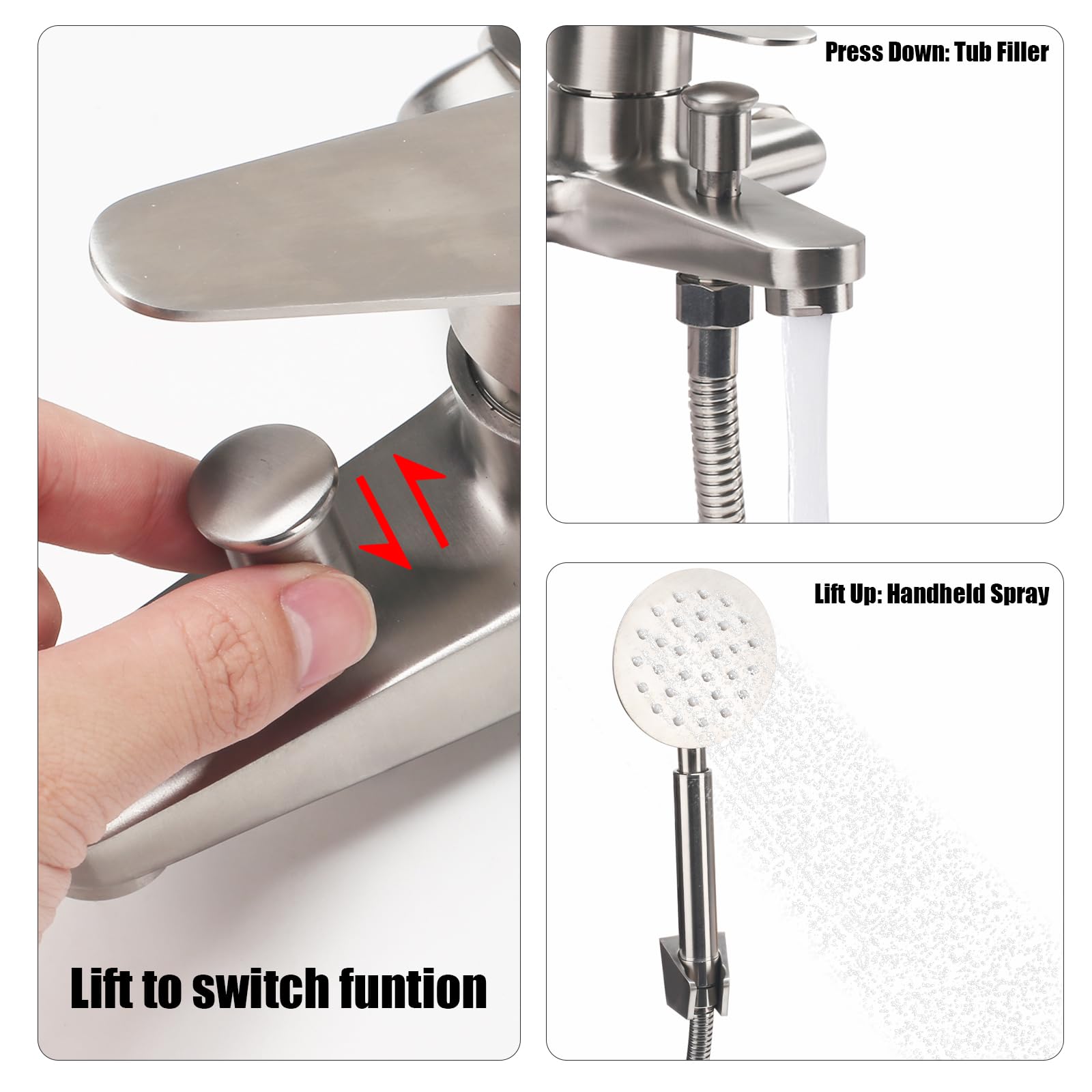 Rubinetto Vasca da Bagno con Doccetta, Miscelatore Vasca da Bagno in Acciaio Inox, Rubinetto Doccia da Muro Monocomando, Miscelatore Doccia Esterno, per Bagni, Vasche, Argenteo