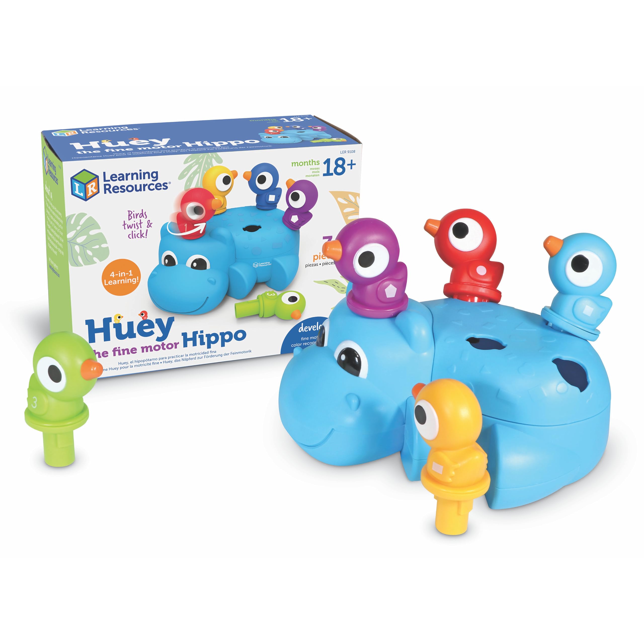 Huey The Fine Motor Hippo, Fine Motor Toy for Toddlers, Develops Counting and Color Recognition, Educational Toys for Toddlers, 7 pieces, Ages 18 mos+