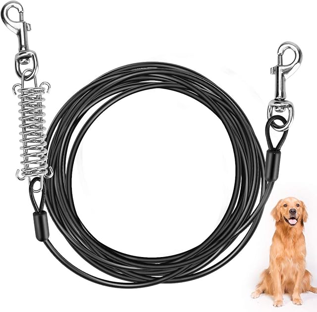 Bestcool Pet Tie-out, Two-headed Pet Safety Rope Puppy Lead Leash Metal Chain Black Steel Wire Rope Twist Lead Durable Dog Tether Cable of 19.69ft for Outdoors(6m)