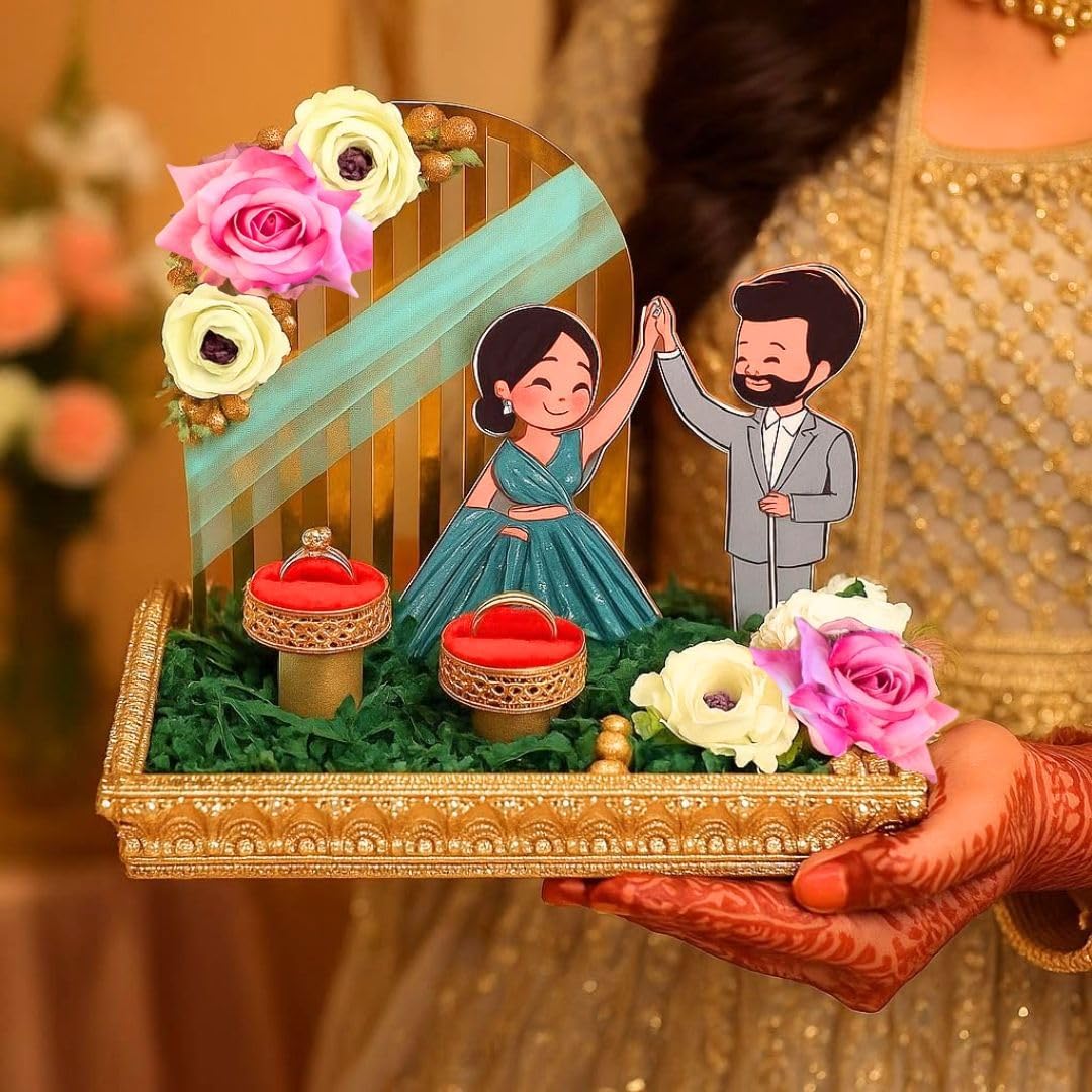 SATYAM KRAFT 1 Pcs Handcrafted Decorative Engagement Ring Platter with Couple Figurines Cutout, Floral Arch & Velvet Ring Holders | Engagement, Wedding/Shaadi, Roka, Mehndi Ceremony Decor-image-42