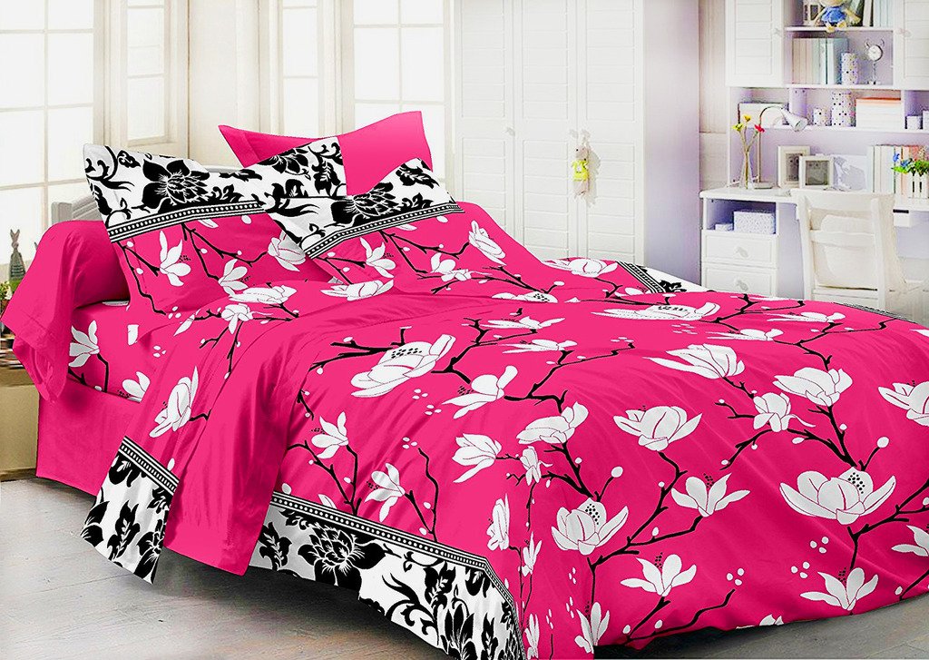 Homefab India3D 140 TC Polycotton Double Bedsheet with 2 Pillow Covers - Floral, Pink