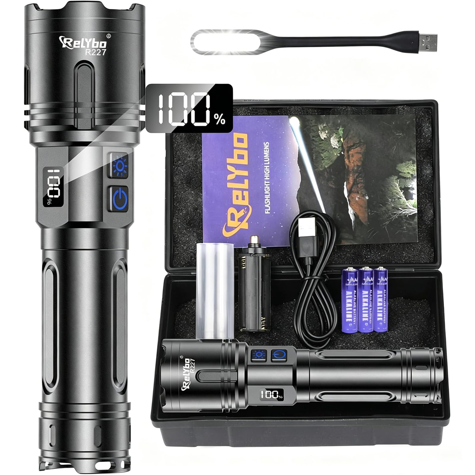 Relybo Taschenlampe LED Aufladbar 500,000 Lumen, 1600M Weitschuss- LED Taschenlampe Extrem Hell XHM90.2, Starke Taktische Taschenlampe USB, 2 Schalter Stufenlos Dimmbar Flashlight for Outdoor Notfälle