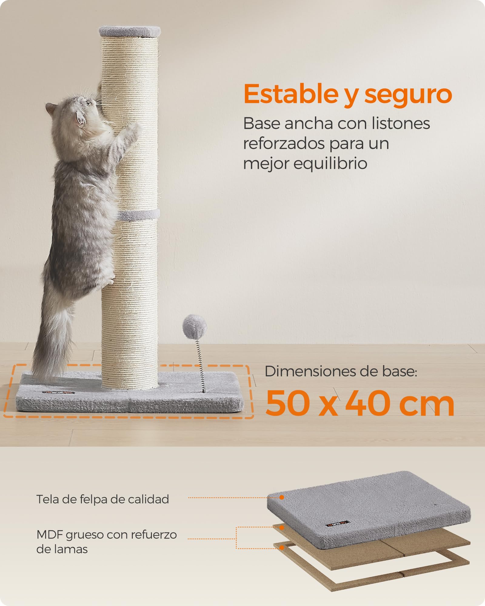 Feandrea Poste Rascador para Gatos, 85 cm de Alto, Gatos Medianos y Grandes, Poste Rascador de Sisal, Pompón de Muelle con Campana, Gris Paloma PCA041G01