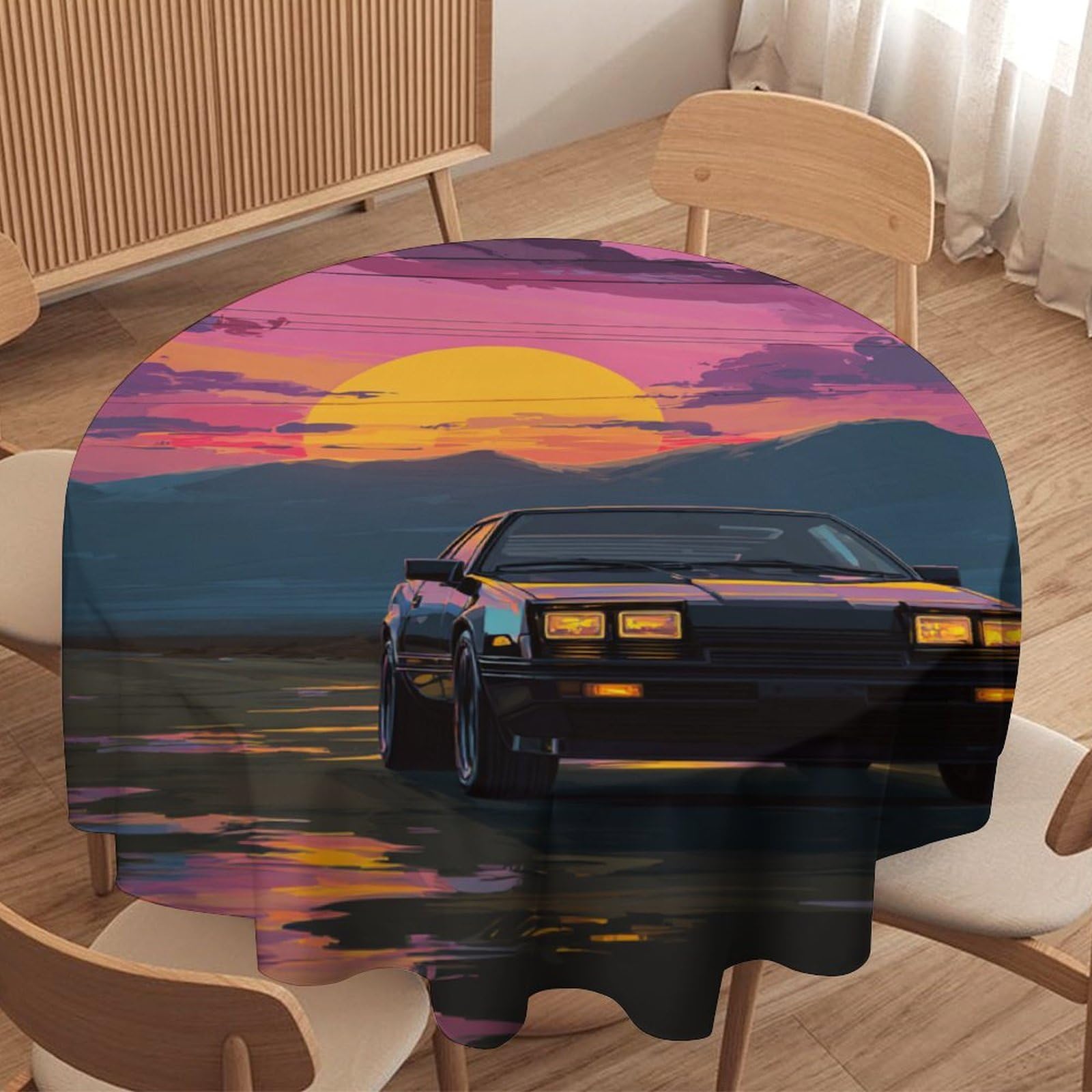 LUYYSKY Steampunk Aesthetic Antique Car Waterproof Round Tablecloth Retro Watercolor Sunset Landscape Classic Car Print Washable Table Cover for Kitchen-91.4" Wx91.4 L cm