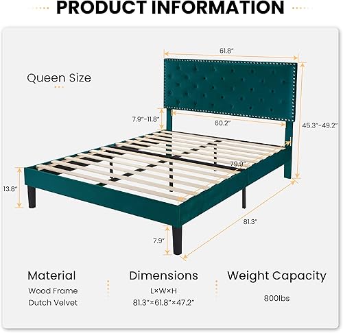 Miniatura 59 de SHA CERLIN Base de cama de terciopelo tamaño Queen con cabecera ajustable, botón de diamante y decoración de remaches, no necesita somier, color