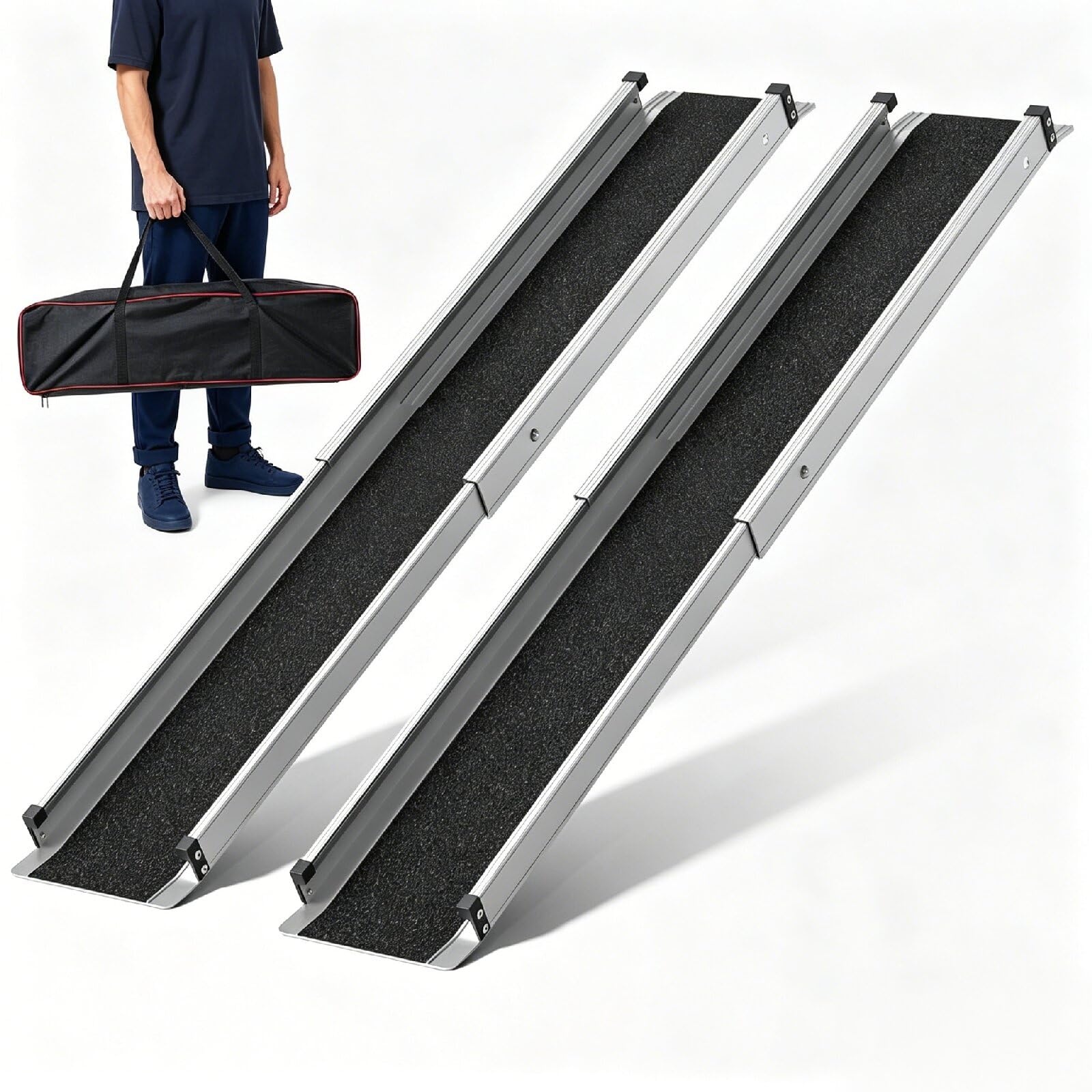 Rampa telescópica de aluminio para silla de ruedas, 2 unidades, antideslizante, capacidad de carga de 300 kg, con bolsa de transporte, para escaleras y obstáculos