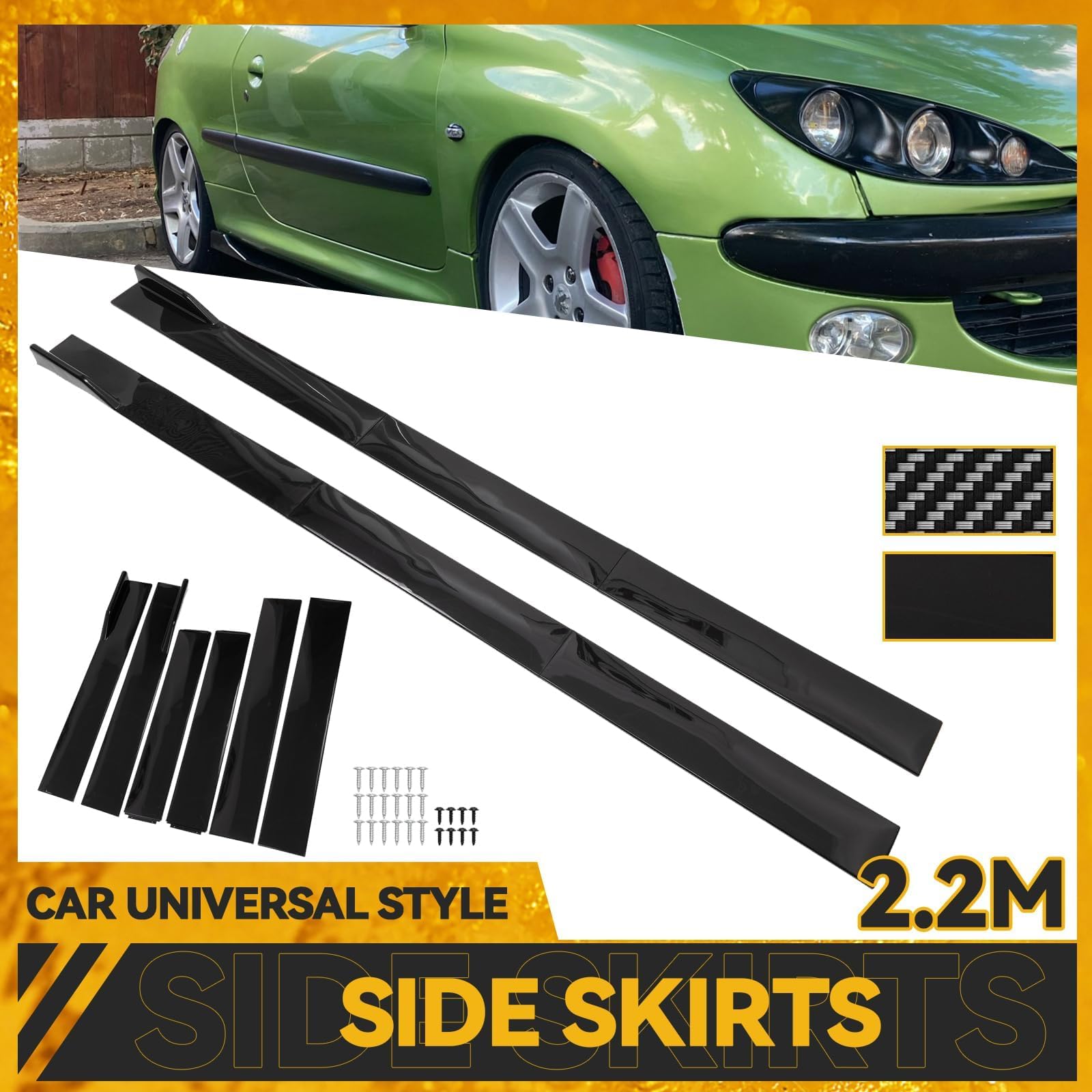 AUTOXBERT 2.2m Faldas Laterales Universales de Coche de Extensión de Panel de Balancín de Labio de Divisor Negro Brillante, Extensión de Faldas Laterales Universales de Panel de Balancín