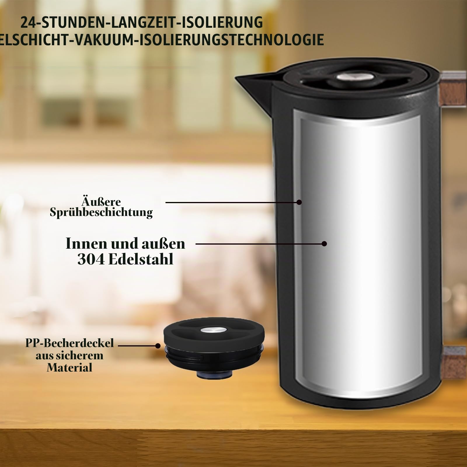 Thermoskanne Kaffeekannen Edelstahl Vakuum Isolations, Mit Holzgriff Und Einfachem Sicherheitsdruckknopf, Für Zuhause, Hotel, Büro (Schwarz,1.5L)