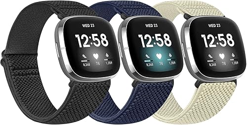 Vista 23 de Paquete de 3 correas elásticas de nailon compatibles con Fitbit Versa 4/Versa 3/Sense 2/Sense, suave, ajustable, transpirable, correas de repuesto