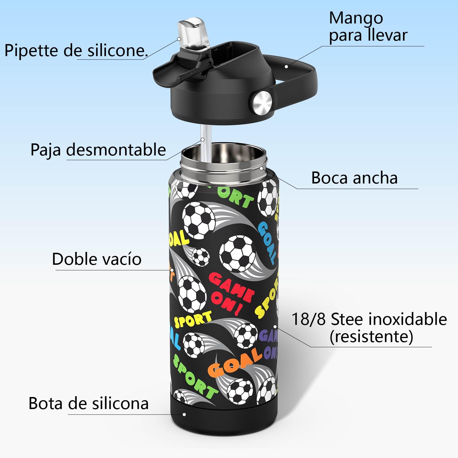 Botella De Agua Aislada Para Niños Con Pajita,550 Ml,taza Infantil De Acero Inoxidable,a Prueba De Fugas-sin Bpa,para La Escuela（Fútbol）