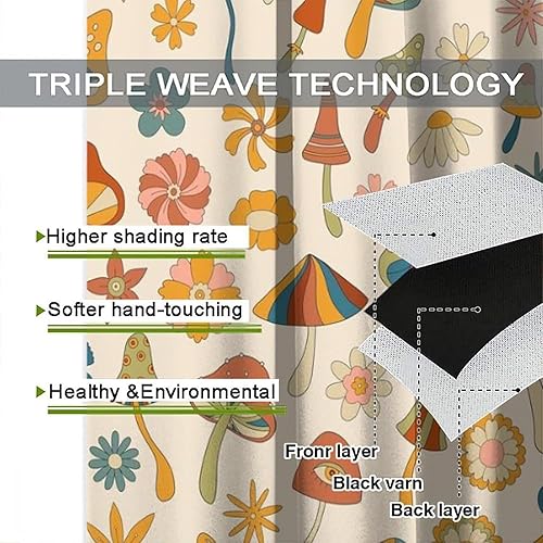 Miniatura 7 de Cortinas retro de hongos con estampado de hongos y flores, cortinas opacas con bolsillo para barra, cortinas de ventana para dormitorio, sala de