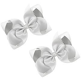 DEEKA 2 PCS 6 Big Hand-made Shiny Glitter Ribbon Hair Bows Alligator Clips Hair Accessories for Little Teen Toddler Girls Kids Set of 2 -Silver