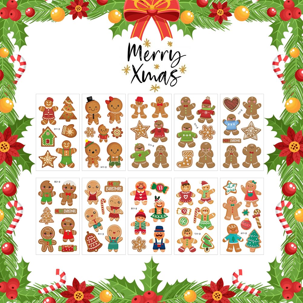 Gingerbread Temporary Tattoos,10 Sheets Cute Gingerbread Man Stickers Tattoos for Kids Christmas Decorations Xmas Party Supplies,Xmas Gifts Stocking Fillers Party Bag Fillers for Boys Girls Children - Image 4