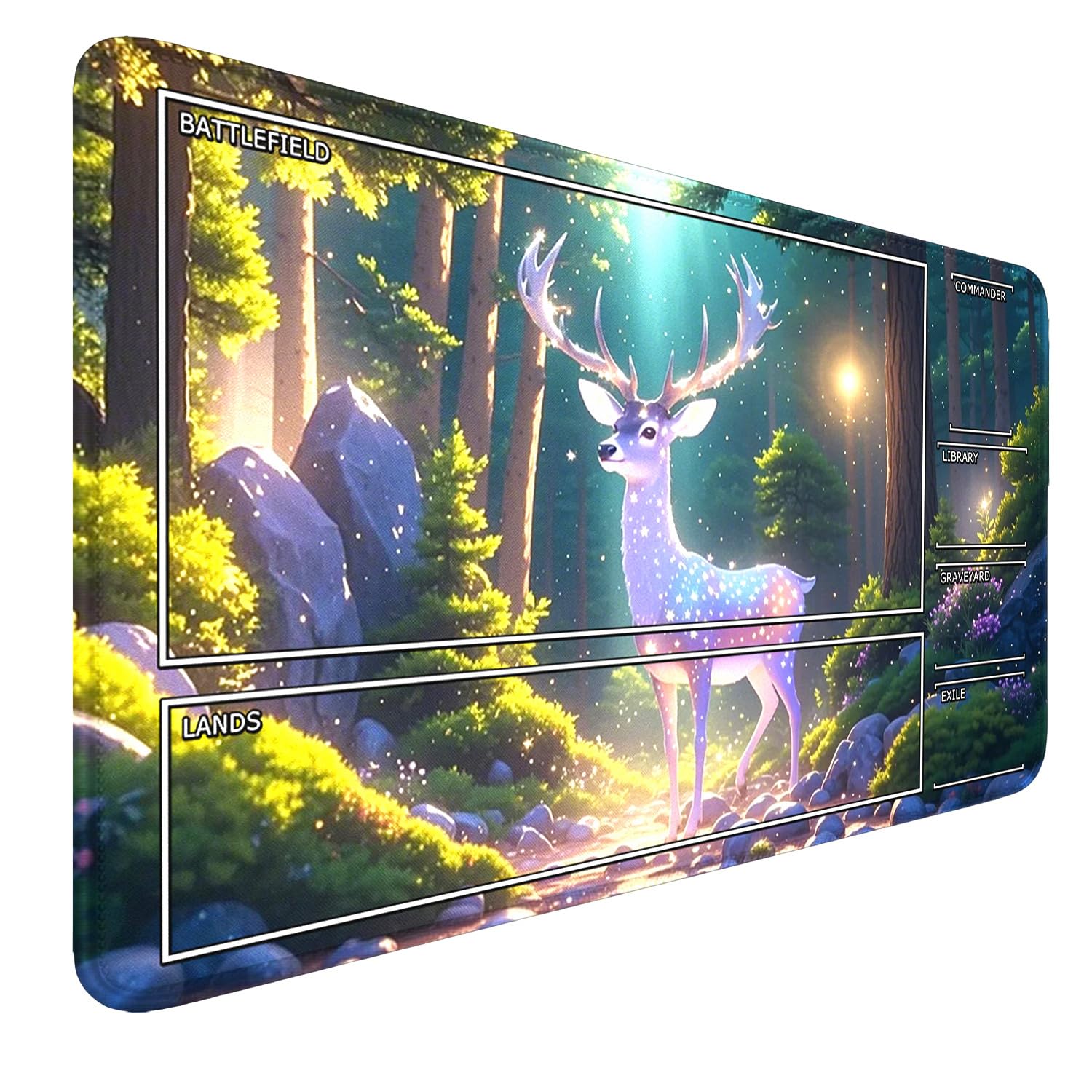 MTG Playmat with Zones Stitched Edges, Non-Slip Rubber Bottom Deer TCG Playmats, Smooth Rubber Surface Battle MTG Playmat 24" x 14" Mouse Pad MTG Mats with Storage Bag