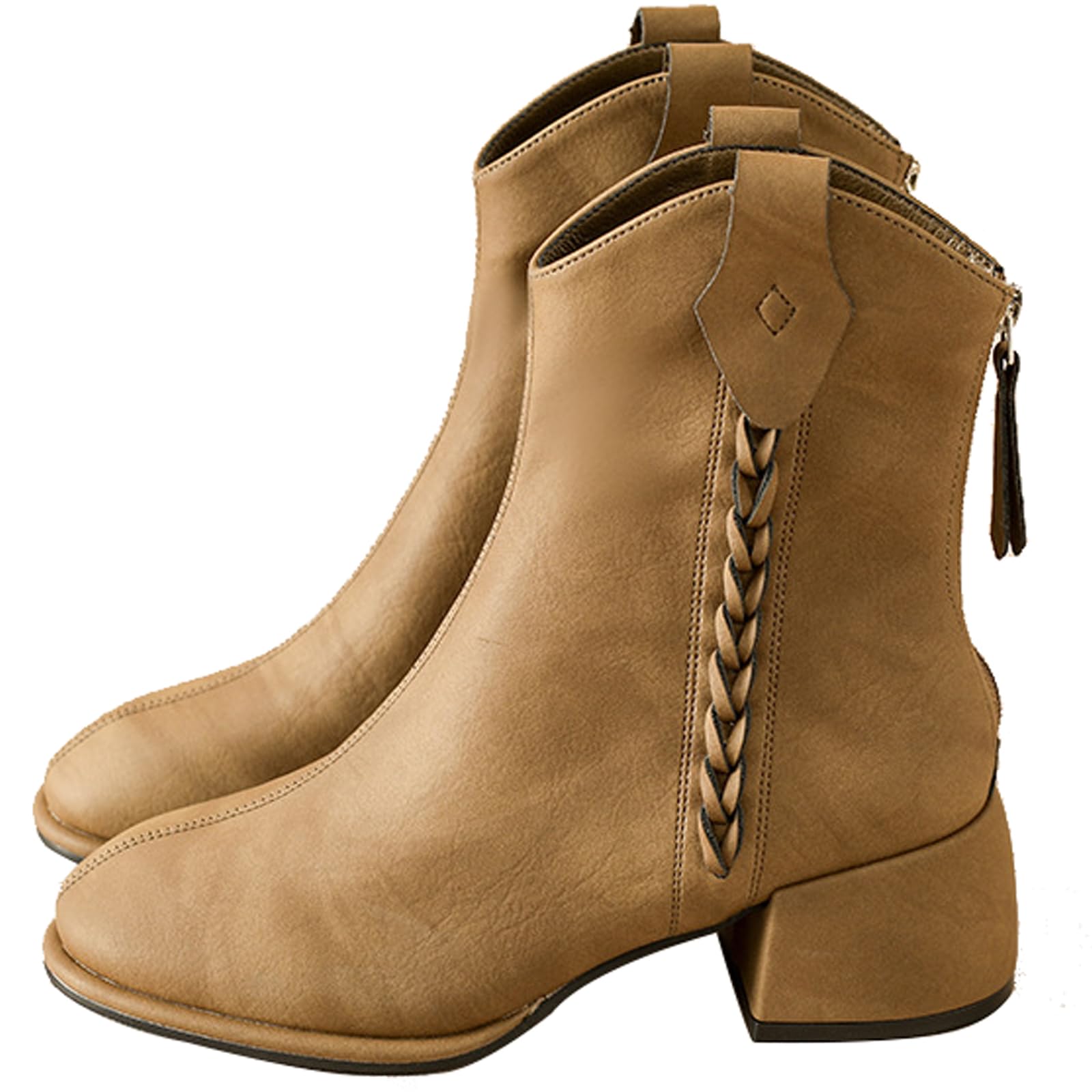 Womens Chunky Block Heel Back Zipper Ankle Boots Round Toe Side Braided Strap Decoration Genuine Leather Retro Short