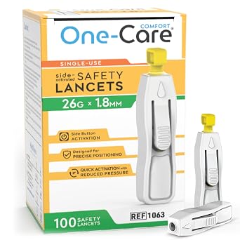 ONE-CARE Comfort Safety Lancets, 26G x 1.8mm, Side-Button, 100 Count