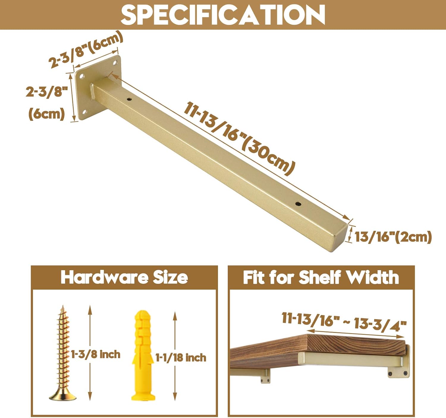 AddGrace 4 Pack Shelf Brackets Wall Mounted Gold Shelf Brackets Heavy Duty Metal Rustic Floating Shelf Bracket with Screws for DIY Open Shelving（Gold） 12"