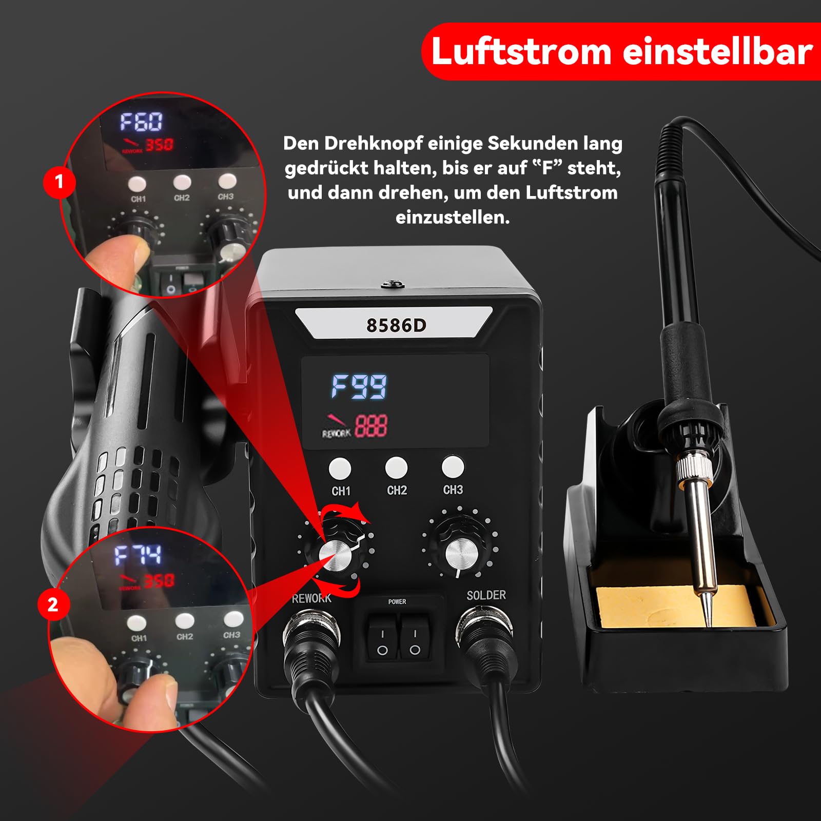 Profi Lötstation, 2 in 1 Heißluft Lötstation Lötkolben Set 8586D, Einstellbare Temperatur 180℃-500℃ mit 3 Luftdüsen für Elektrische Arbeiten Elektronische Reparatur