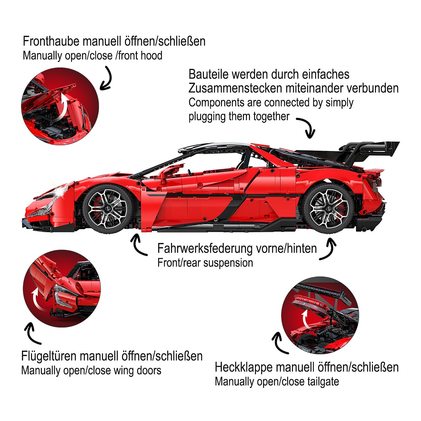 JAMARA 402924 CADA YangWang U9 1:8 rosso 2,4 GHz mattoncini RC per auto da corsa, modellino di auto sportive, telecomandato, controllo tramite app