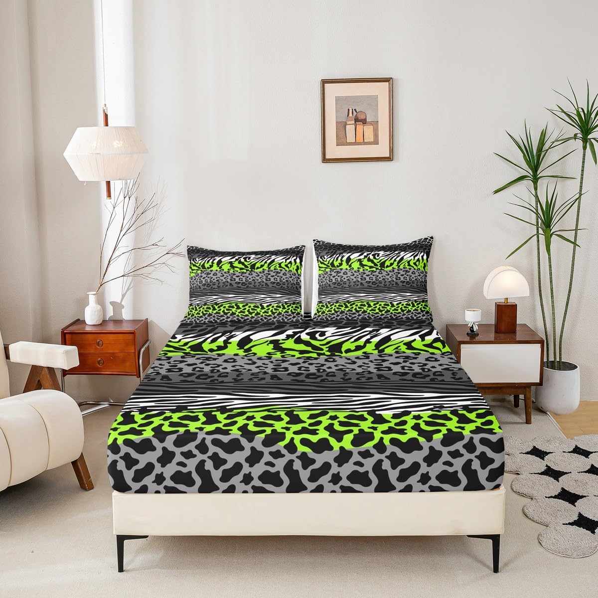 Giraffe Skin Tiger Fur Fitted Sheet Twin Size,Leopard Zebra Cow Skin Patchwork Bedding Set,Girls Women Room Decor,Animals Fur Geometric Bed Cover,Green Fashion Bed Sheet,1 Pillowcase