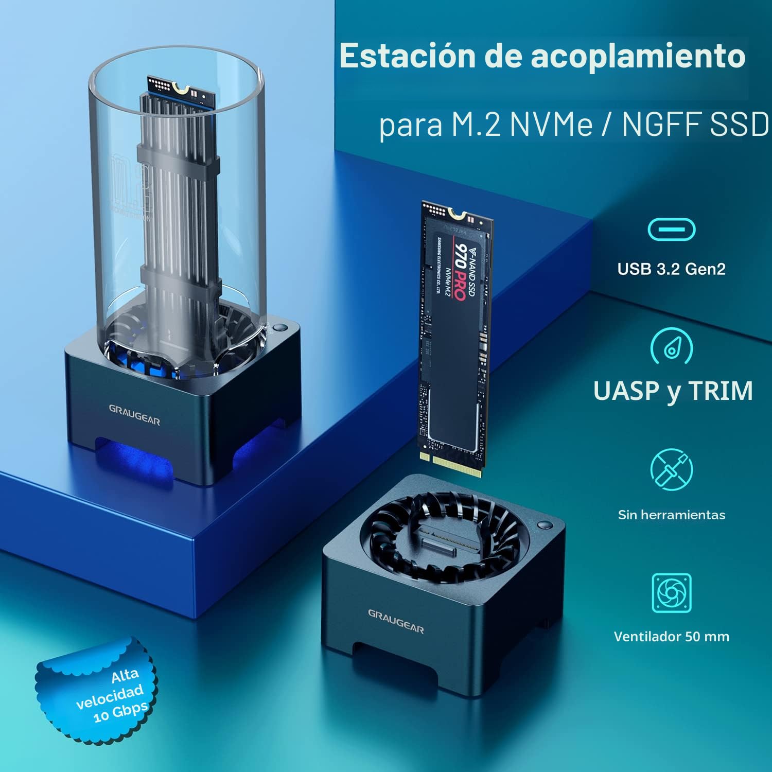 GRAUGEAR Estación Acoplamiento SSD M.2, USB 3.2 Gen2 10Gbps, Ventilador 50mm, RTL9201B Compatible NVMe y NGFF, Incluye Cables USB-C y A-C