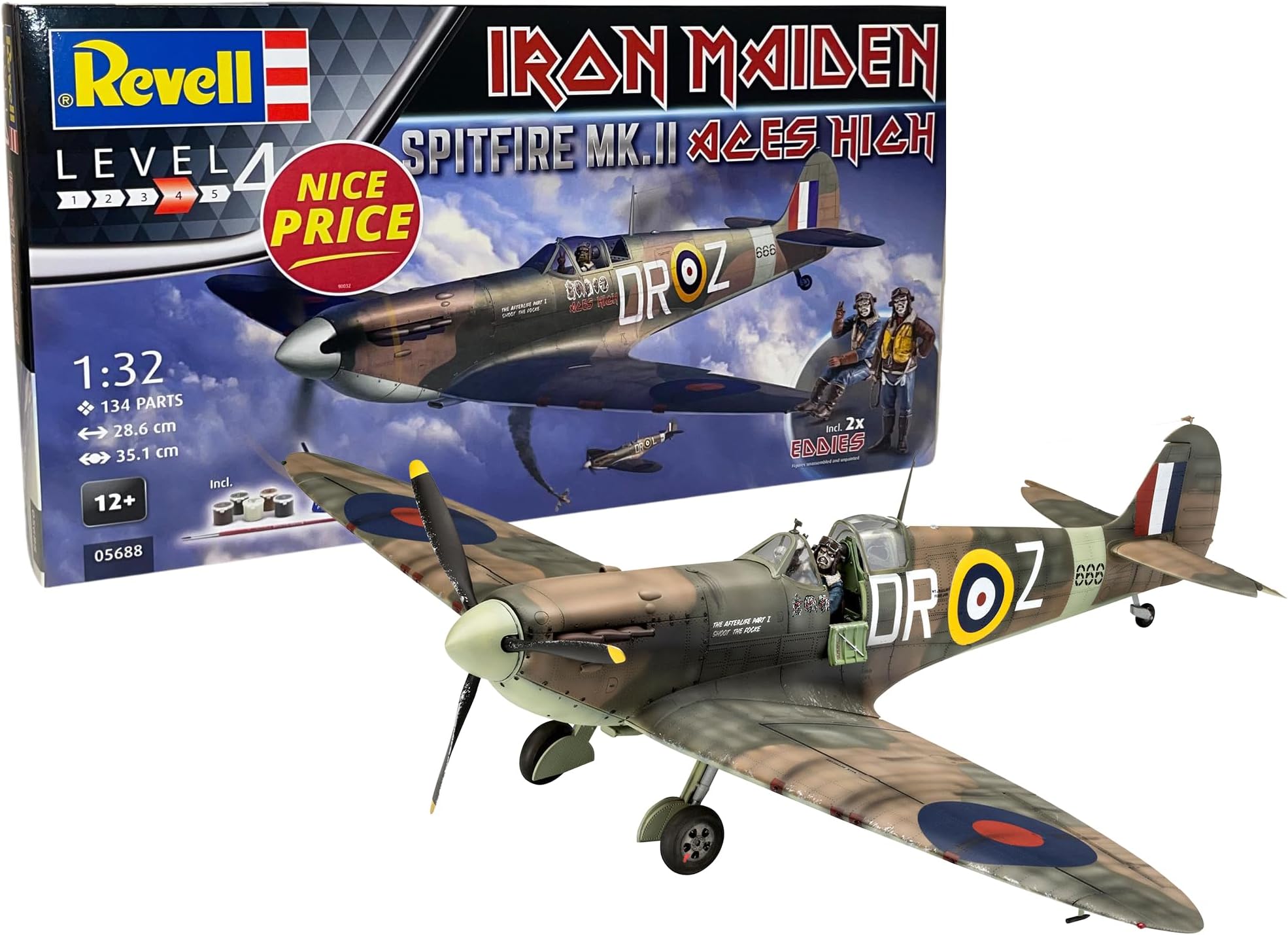 Revell Gift Set 05688 Spitfire Mk.II Aces High Iron Maiden & Eddie Figures 1:32 Scale Unbuilt Plastic Model Kits with Contacta Professional Glue, Paintbrush & Selected Aqua Color Paints