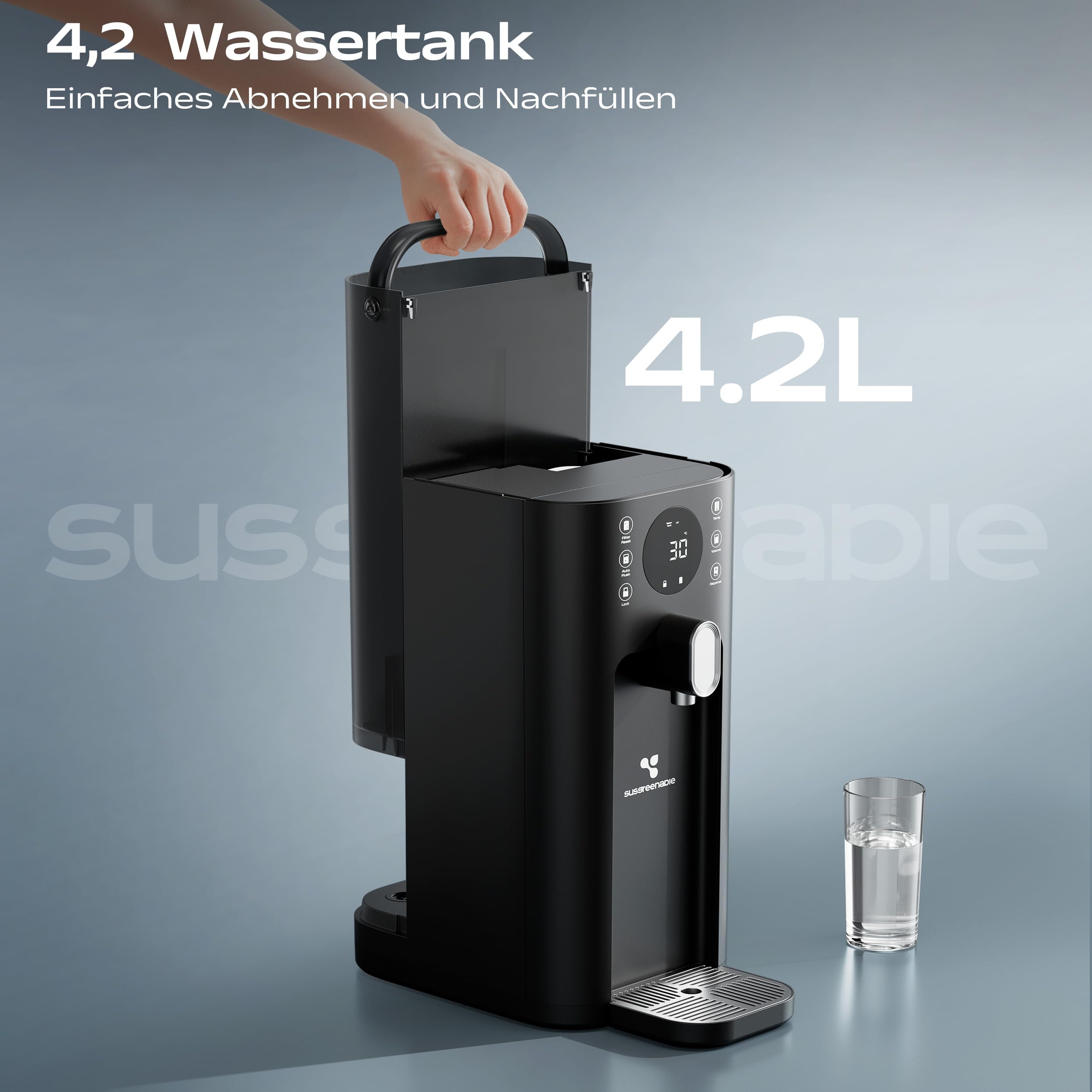 CIARRA X SusGreenable Osmoseanlage Trinkwasser 100GPD, Umkehrosmoseanlage mit Heißwasser, 4 Temperaturen, 5-stufiger RO Wasserfilter SGROF03, Tischgerät, Schwarz