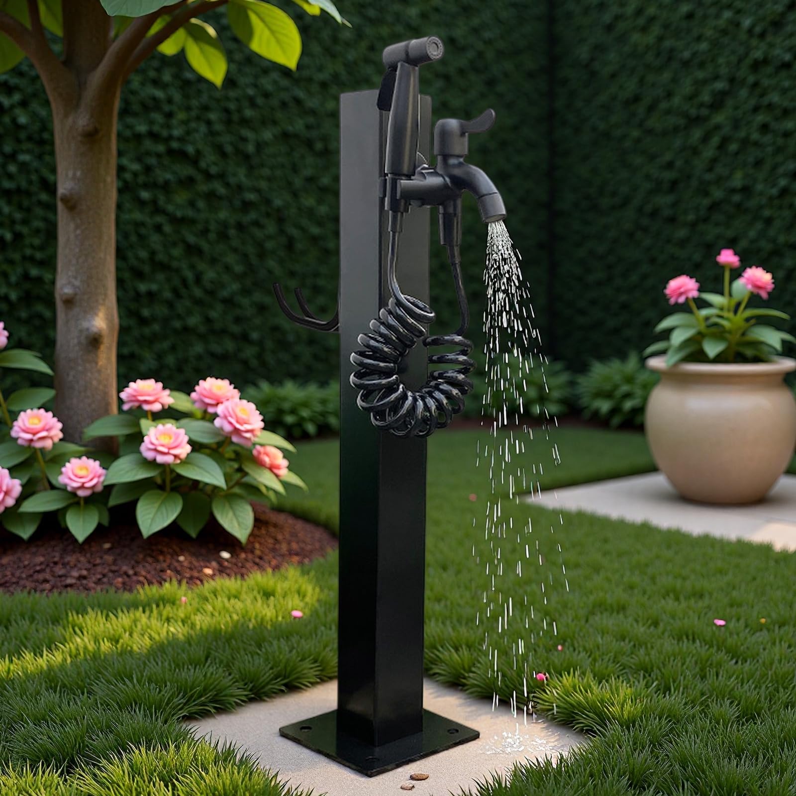 Spnvbe 304 Stainless Steel Freestanding Garden Water Column, 60cm Frost Proof Outdoor Standing Tap with Brass Faucet, Dual Inlet Vertical Hose Bib, Rust Resistant Water Pillar for Patio Plant Watering