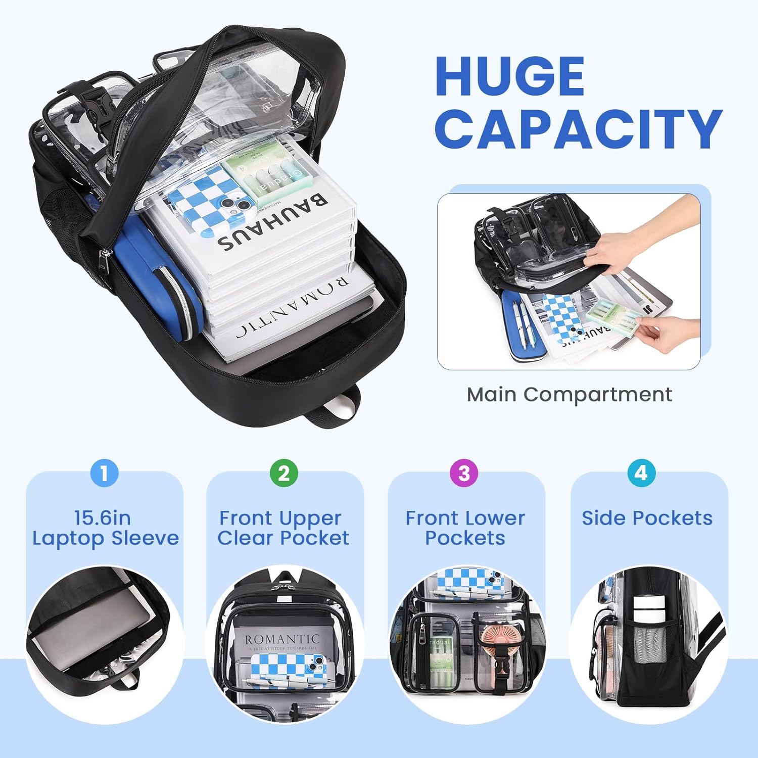 Clear Backpack for School, Heavy Duty Clear Bookbag for Girls Boys Transparent Backpack with Badge Holder, Black - Image 4