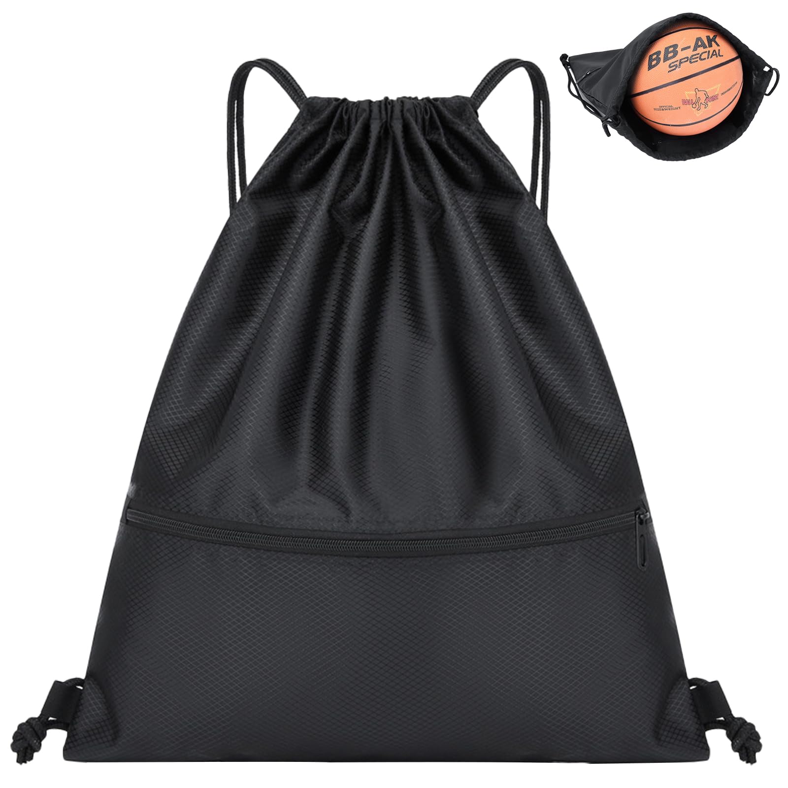 Drawstring Bags, Drawstring Gym Bag, Waterproof Oxford Cloth PE Bags with Mesh Pockets, School Girls Boys Backpack Swimming Bag with Outside Zipper, Sports Yoga Beach Football for Women Men(Black)
