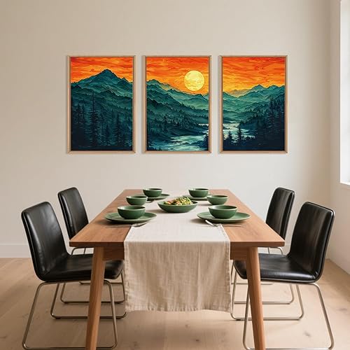 Miniatura 3 de Juego de arte de lienzo enmarcado con montaña del bosque, pintura abstracta de la pared, diseño bohemio de puesta de sol, paisaje natural moderno,