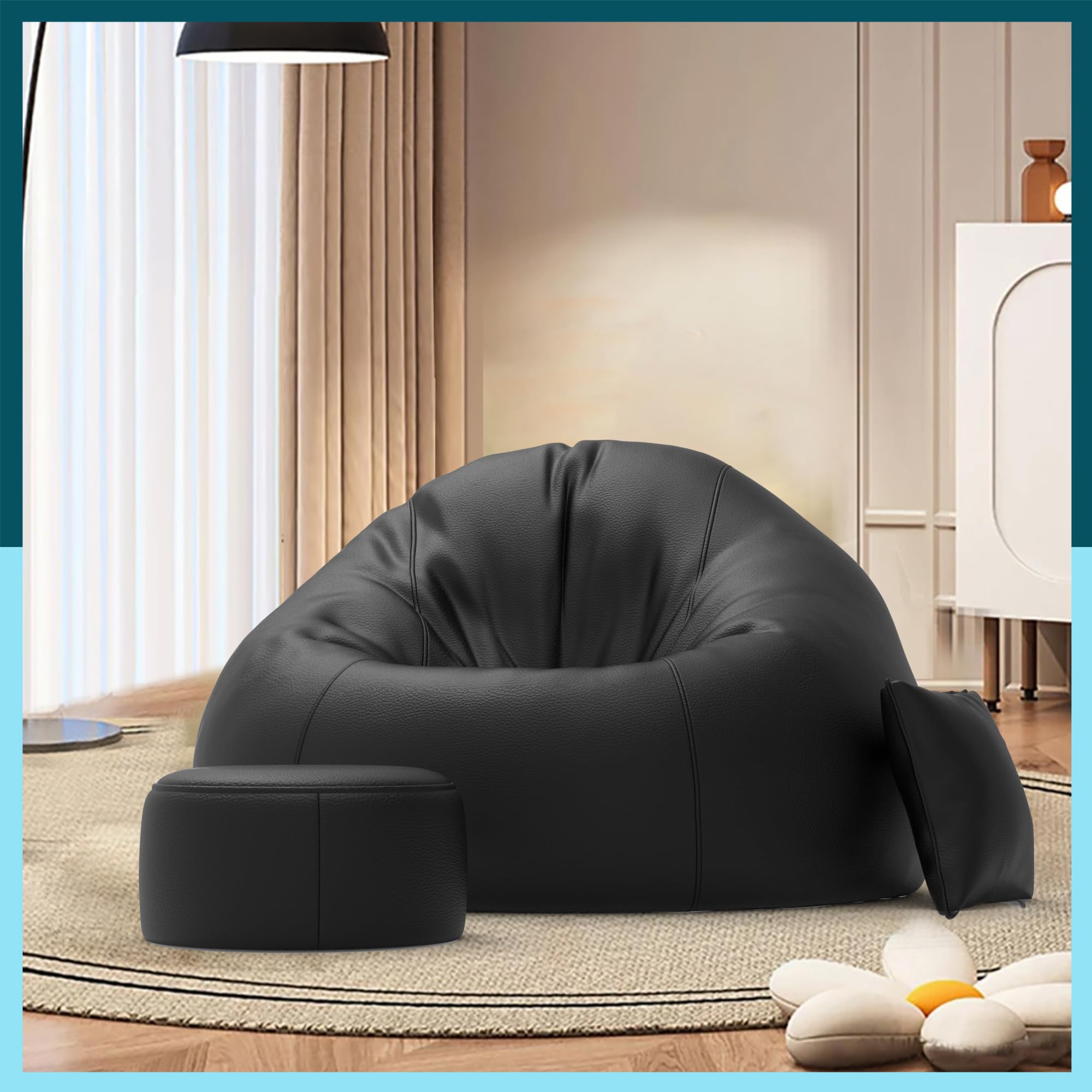 Biggie Bean Bag 7XL Bean Bag Chair with Beans Filled - The Classics Bean Bag Sofa - Combo Set-Styled for Elegance with Free Cushion & Footrest (Matching Color : Ykani Black)-image-12