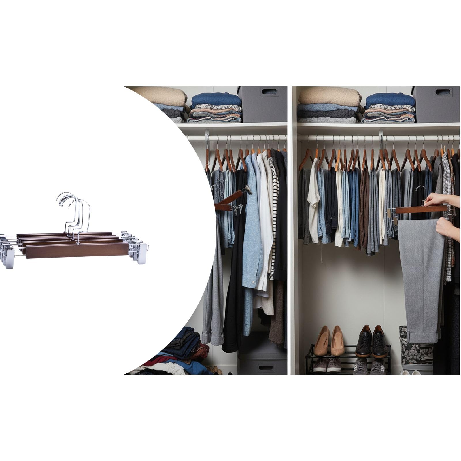 Percha de madera para pantalones con clips, diseño suave para pantalones y faldas, abrazaderas de metal para tienda de ropa y armario del hogar, antideslizante y duradero