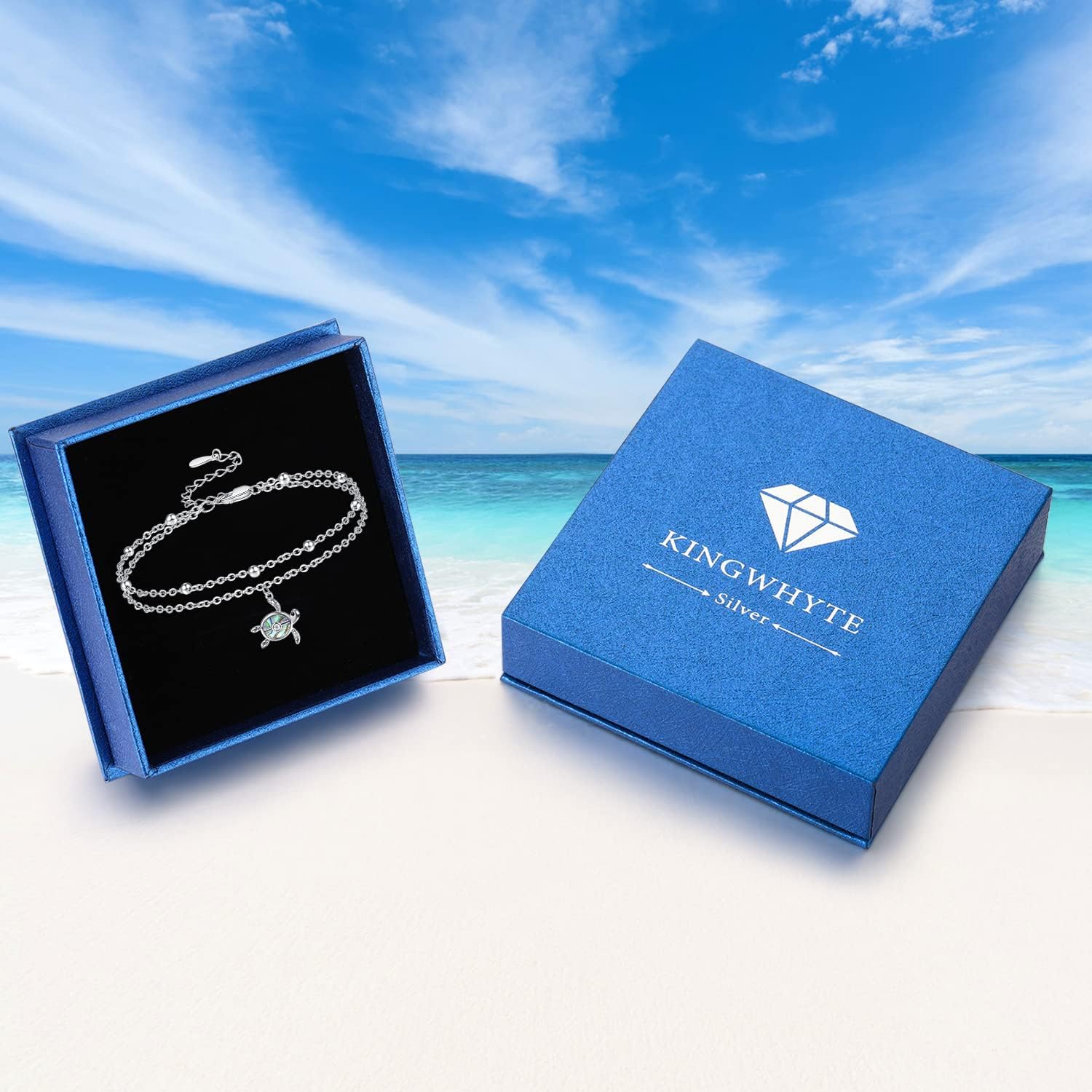 KINGWHYTE Tobillera de plata de ley 925 con tortuga de mar, regalo para mujer, novia, madre, hermana, 9 pulgadas, 9 inches, Plata de ley