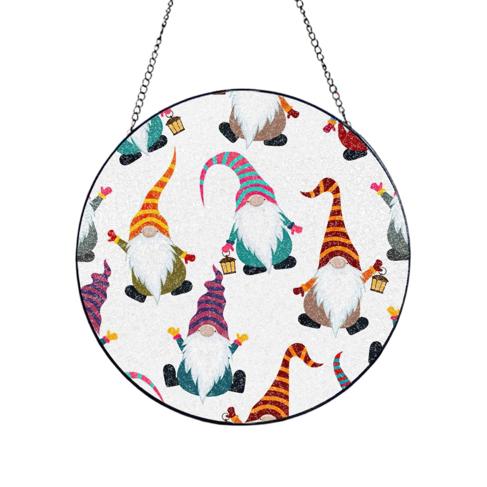 Xmas Funny Gnomes Print Glass Sun Catcher For Windows Hanging Garden Ornament Womens Gift