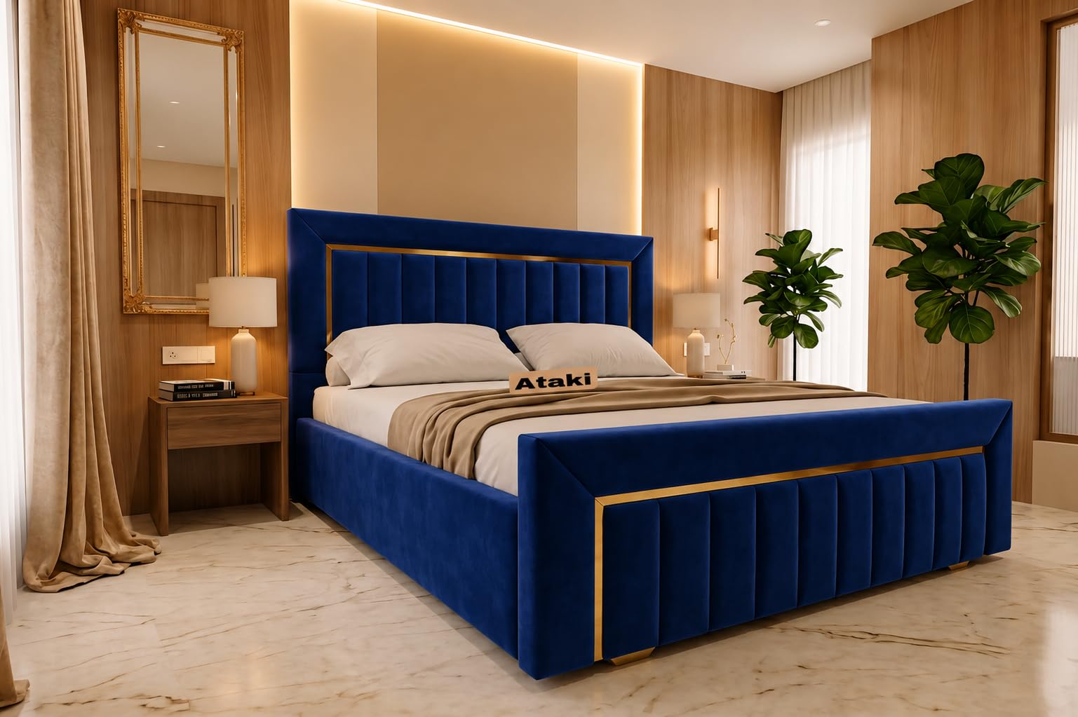 ATAKI Modern Upholstered King Size Bed with Box Storage for Bedroom | Sheesham Wood Double Bed with Storage | Royal Blue Platform Cot with Padded Headboard & Gold Accent | 6.5 x 6 Ft