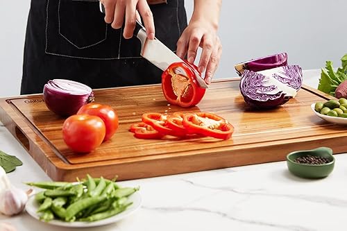 Miniatura 8 de OAKSWARE Tablas de cortar, tabla de cortar de madera de acacia grande de 17 x 13 pulgadas para cocina, tabla de cortar de madera reversible de grano