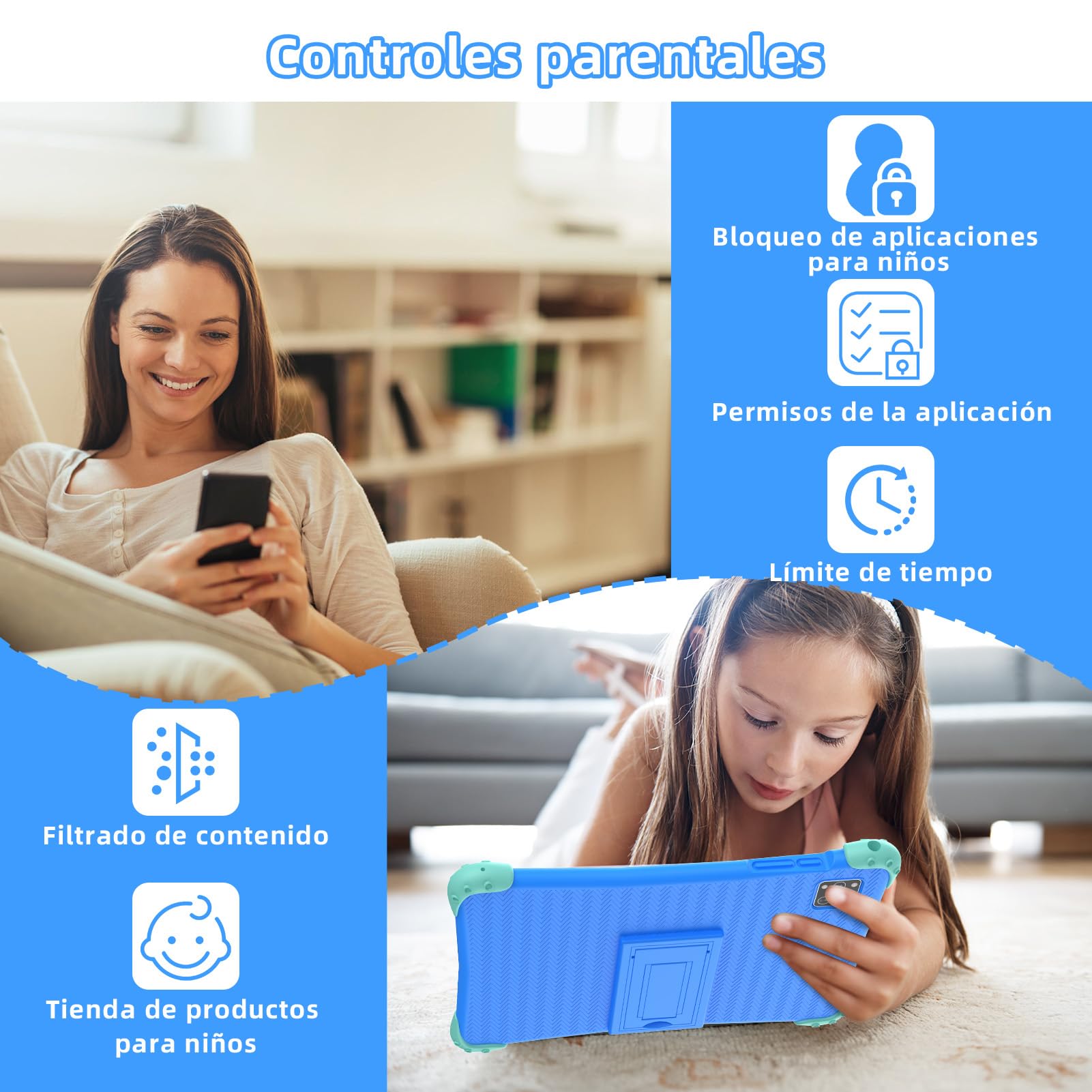EagleSoar Tablet para Niños 10 Pulgadas, Android 14 Octa-Core, 10 GB RAM+64GB ROM, 1280 * 800 IPS, 6000mAh, Cámara Doble, Parental Controls, WiFi 6, Bluetooth, con EVA Caso (Azul)