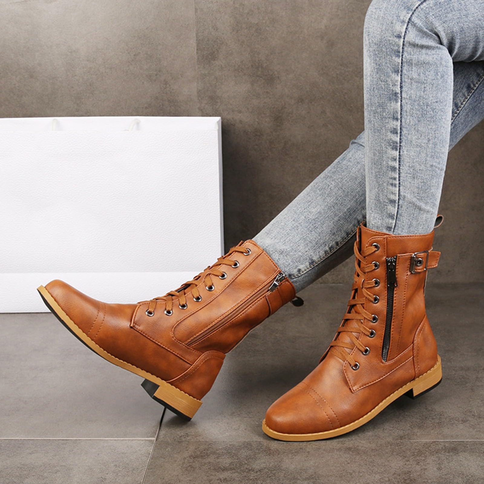 Generisch Elegante Stiefeletten Weibliche Stiefel Militärische Kampfstiefel PU Leder Stiefele Damen High-Top Warme Schnürstiefel Flache Schuhe Schnürstiefeletten mit Reißverschluss Herbst Winter