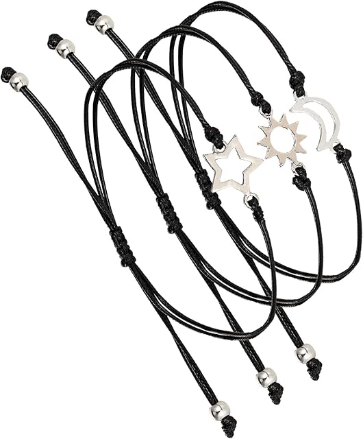 QINREN Friendship Matching Bracelets Adjustable, 3pcs Sun Moon and Star Shape Handmade Lucky String Bracelet Distance Matching Bracelets Pinky Promise Bracelets Gift for Best Friend Couples Family