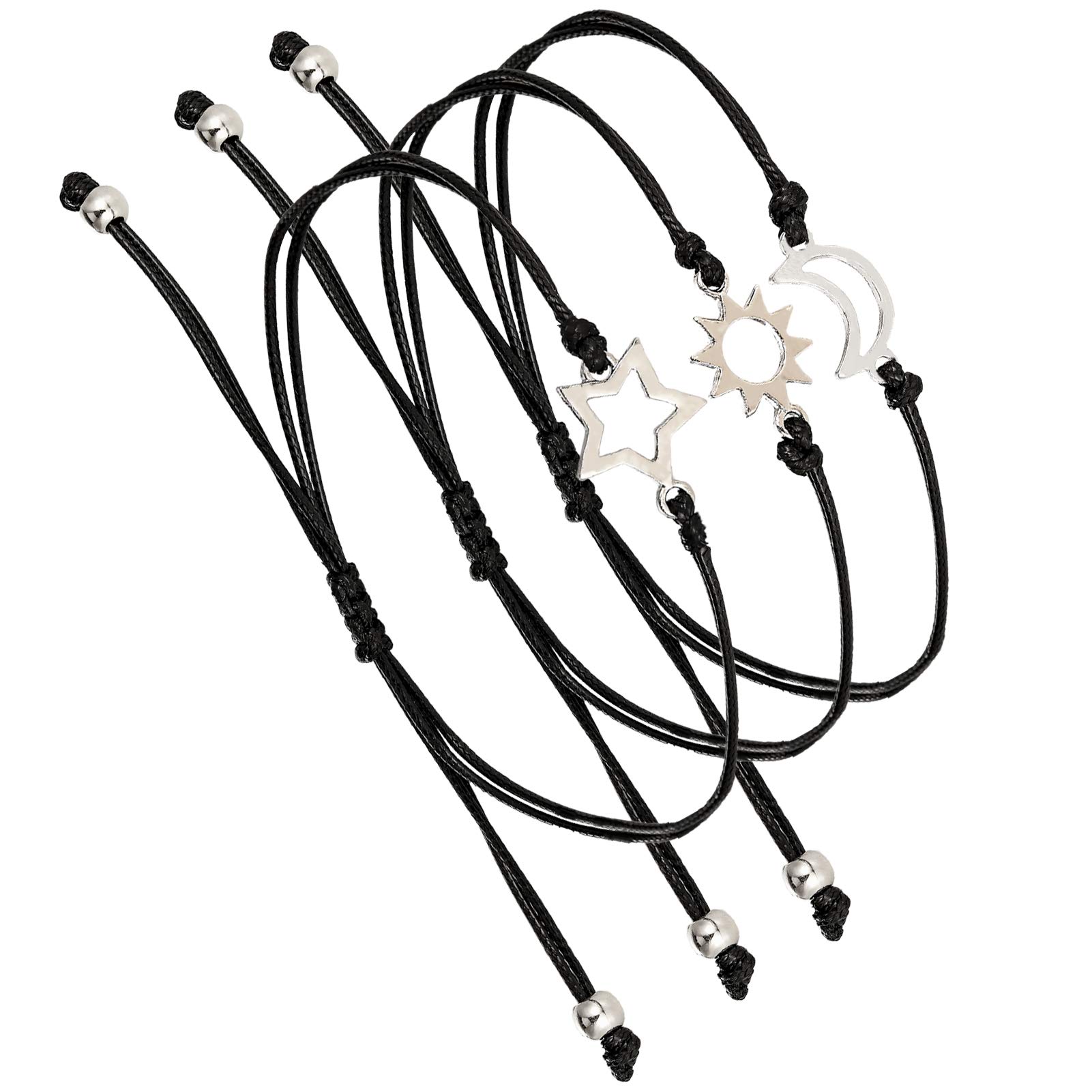 QINRENFriendship Matching Bracelets Adjustable, 3pcs Sun Moon and Star Shape Handmade Lucky String Bracelet Distance Matching Bracelets Pinky Promise Bracelets Gift for Best Friend Couples Family