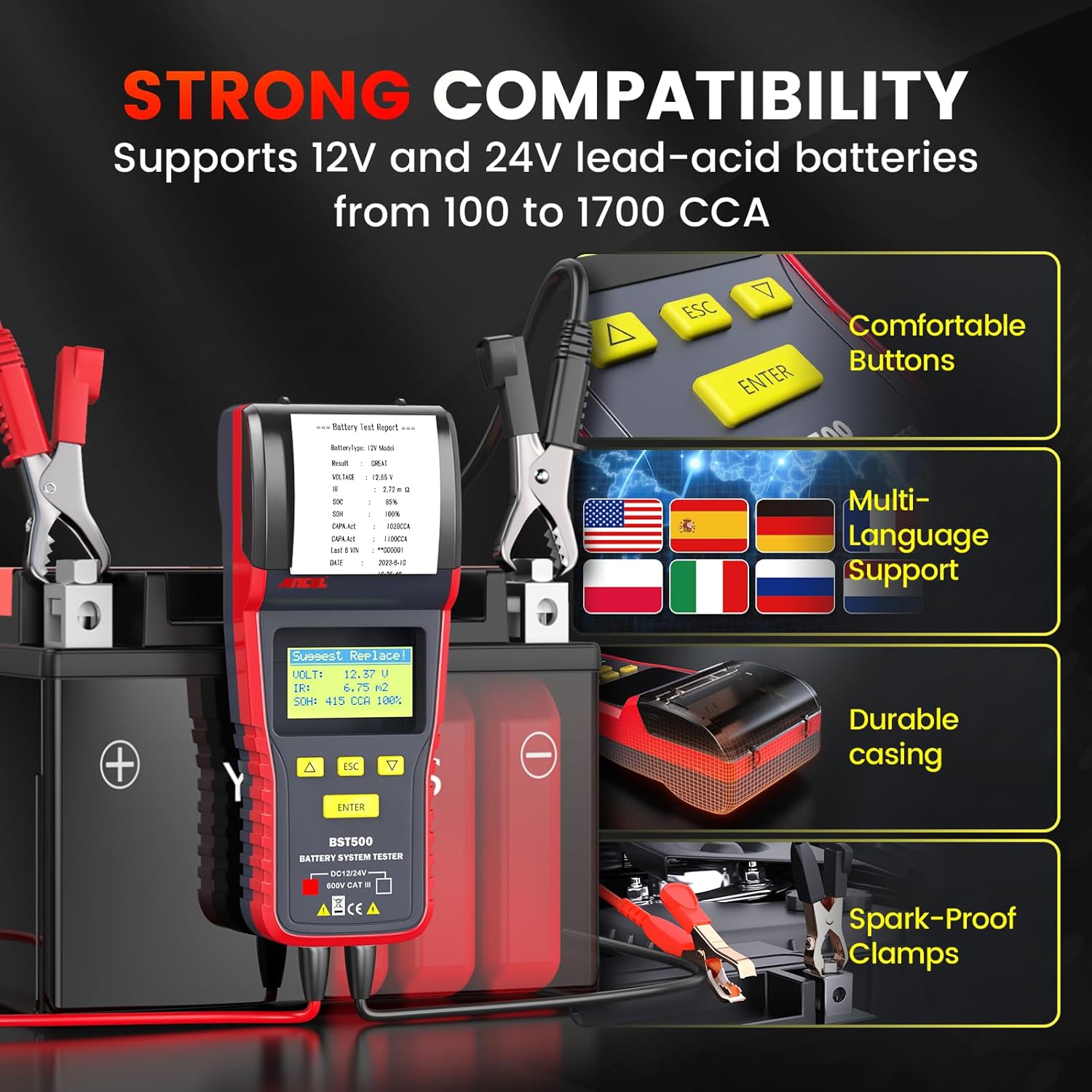 ANCEL BST500 Car Battery Tester with Printer, 12v 24v Automotive Battery Load Tester, Cranking Charging System Analyzer, 99.99% Accuracy for Car Motorcycles Truck SUV ATV RV and More