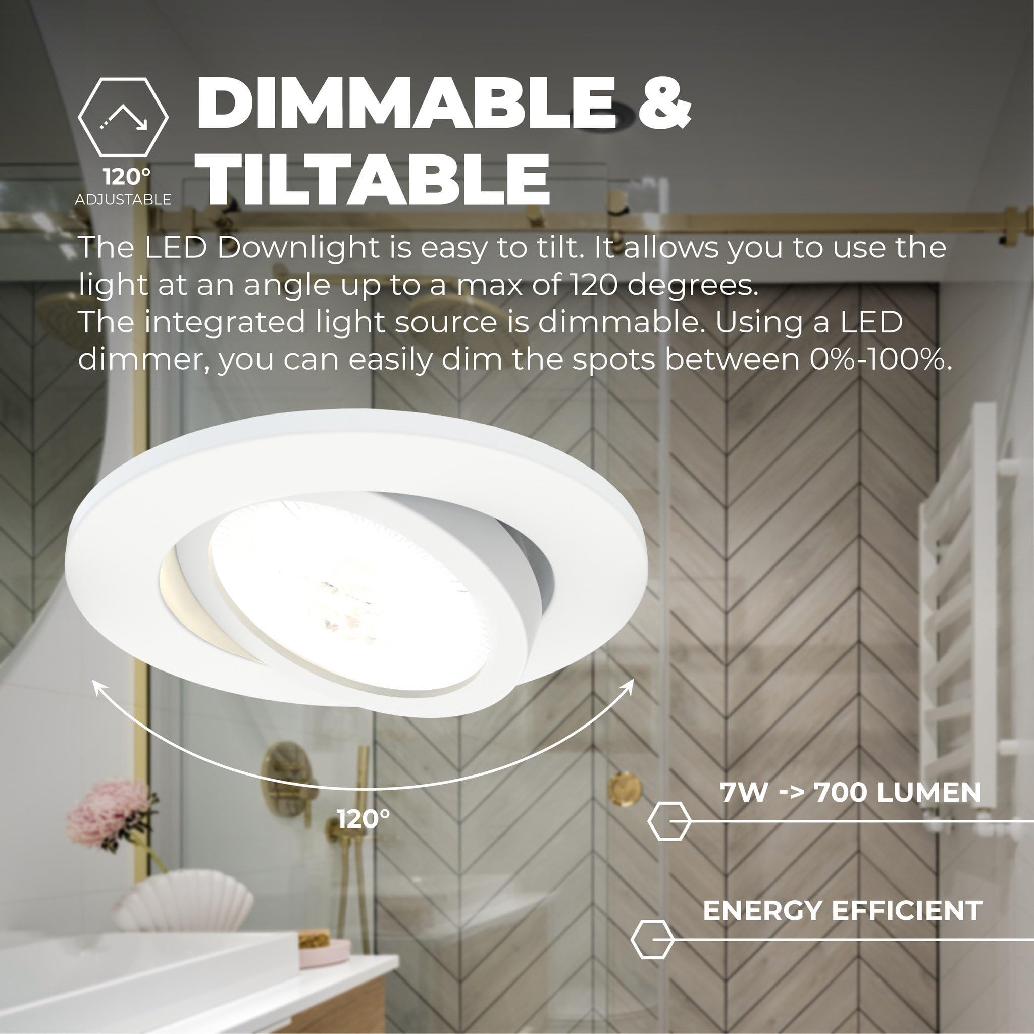 Ledvion Reflektor wpuszczany LED, biały, 7 W, IP65, CCT, COB, Ø90 mm, możliwość ściemniania, łatwa instalacja, 5 lat , wpuszczane reflektory do łazienki, ściemnialna lampa LED