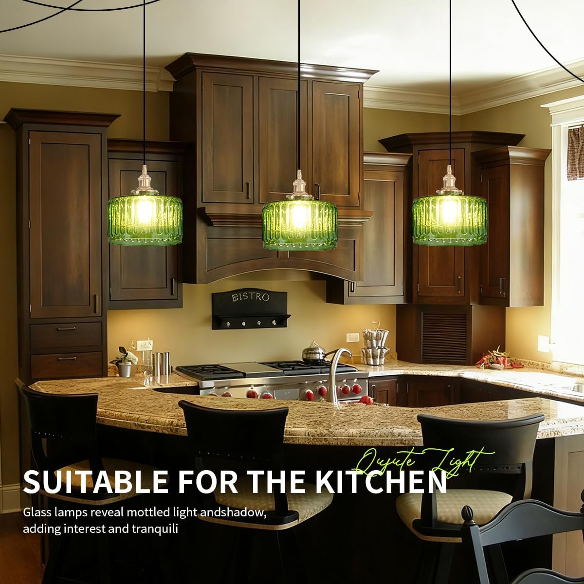 Plug in Pendant Light Green Glass Pendant Lamp Striped Glass Shade Vintage Plug in Ceiling Hanging Lamp 1-Light with Plug in Cord Swag Ceiling Light for Kitchen Island Living Room