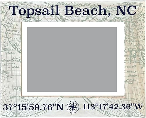 R and R Imports Topsail Beach - Marco de fotos de madera con diseño de brújula de Carolina del Norte, con diseño de coordenadas de 4 x 6 pulgadas
