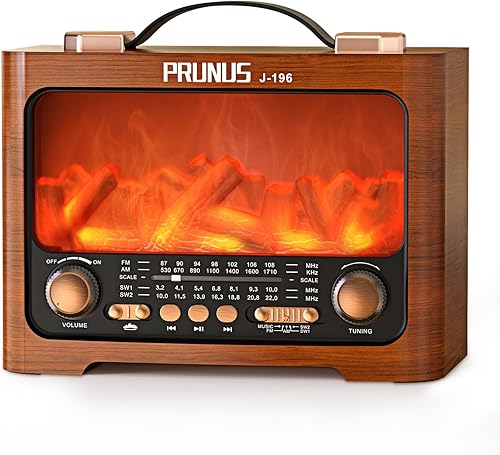 PRUNUS J-196 Radio LED Vintage Flame, Altavoz Bluetooth retro, FMAMSW1SW2, reproducción TFUSB, carga USB C, mango portátil, excelente sonido y