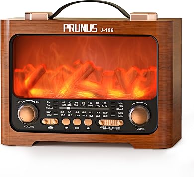 PRUNUS J-196 AM FM Radio with Best Reception, Bluetooth Speaker, Flame LED, TF/USB Playback, Portable, USB-C Charging, Loud Sound, Battery Operated Radios, Transistor Radios, Portable Radio AM FM