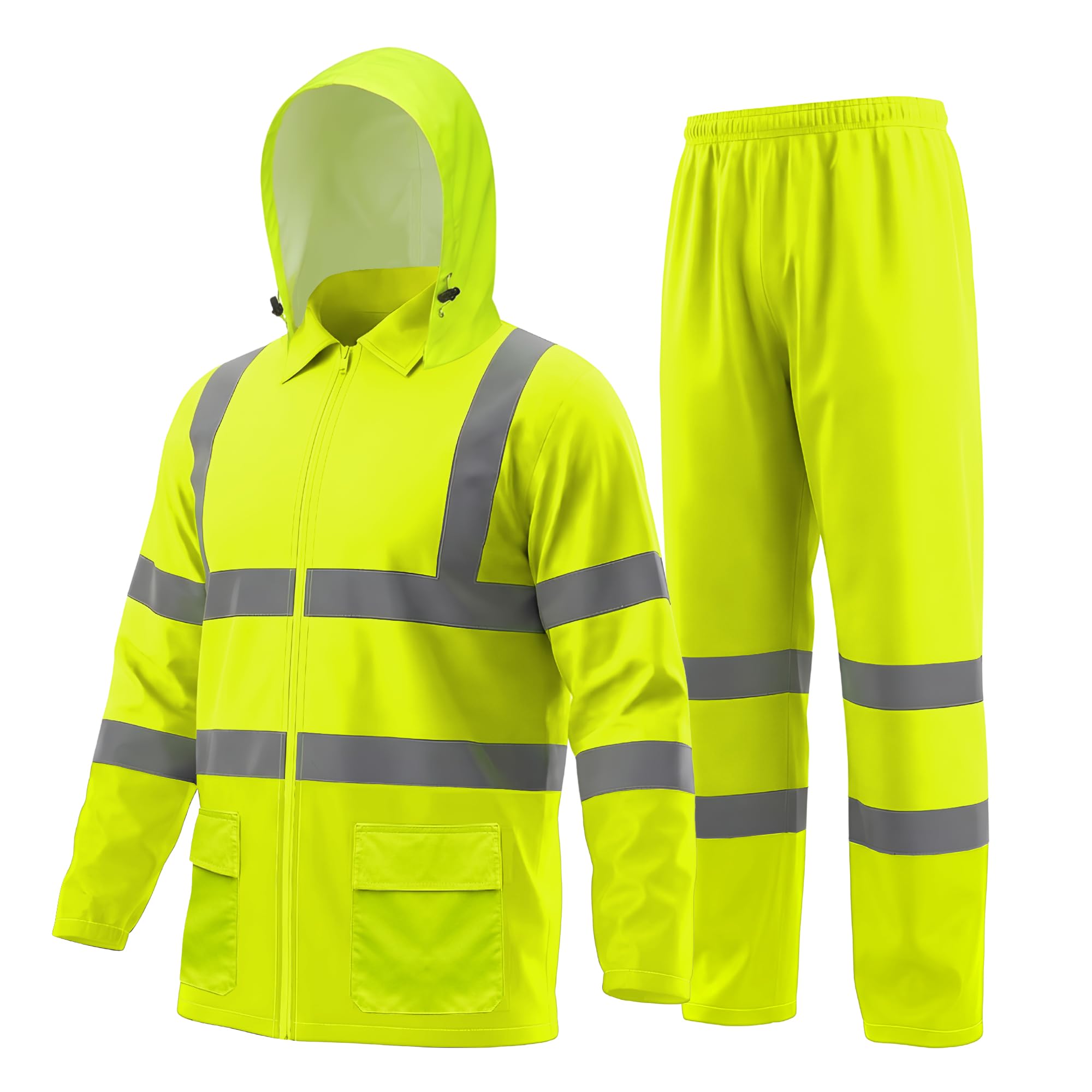 MGP SUPPLY Class 3 Hi-Vis Rain Suit- Waterproof Rain Jacket & Pants|Heavy Duty Rain Gear|Lightweight, Reflective Material
