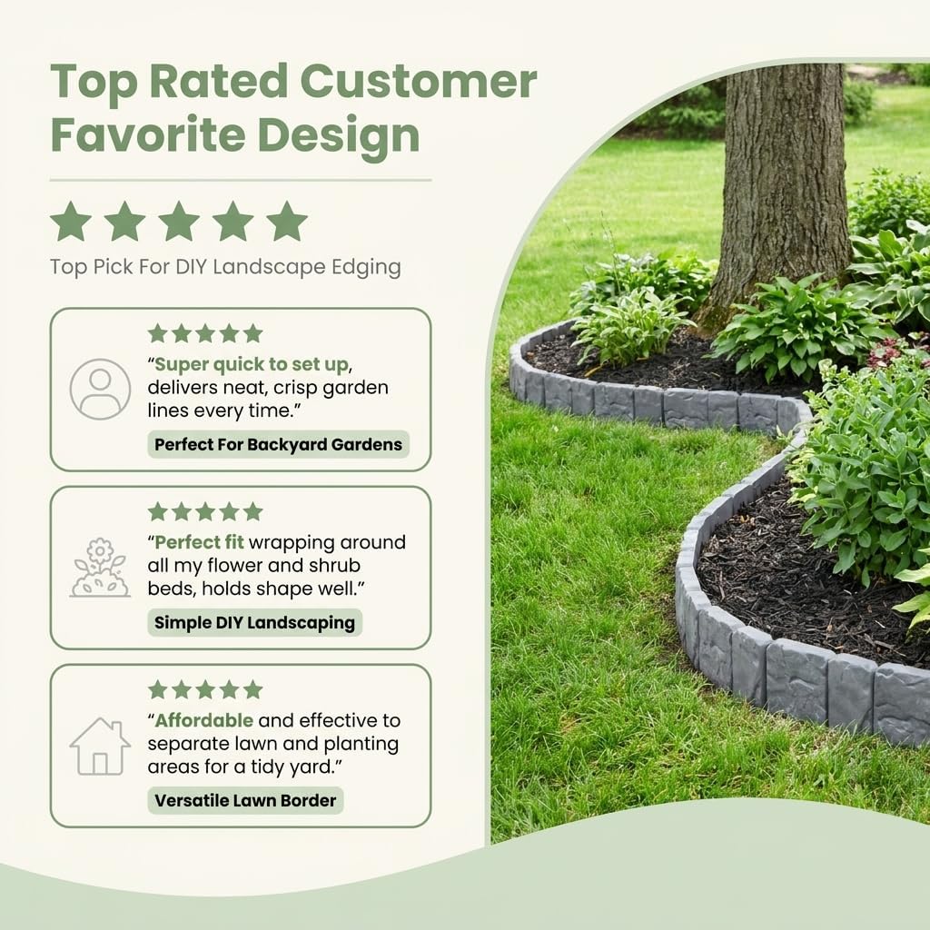 20 Pack Imitation Stone Garden Fence, Landscape Edging, Weatherproof Plastic Border for Flower Beds, Lawn & Walkway